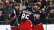 Columbus Blue Jackets center Adam Fantilli celebrates his goal against the Chicago Blackhawks.