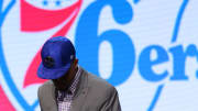 Jun 22, 2017; Brooklyn, NY, USA; Markelle Fultz (Washington) walks off stage after being introduced as the number one overall pick to the Philadelphia 76ers in the first round of the 2017 NBA Draft at Barclays Center. Mandatory Credit: Brad Penner-USA TODAY Sports