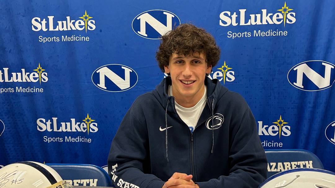Nazareth (Pa.) High quarterback Peyton Falzone talks with reporters at his Signing Day ceremony for the Penn State Nittany Lions. Nazareth (Pa.) High quarterback Peyton Falzone talks with reporters at his Signing Day ceremony for the Penn State Nittany Lions.