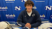 Nazareth (Pa.) High quarterback Peyton Falzone talks with reporters at his Signing Day ceremony for the Penn State Nittany Lions.