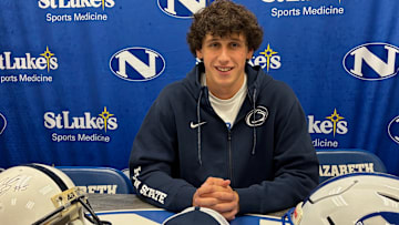 Nazareth (Pa.) High quarterback Peyton Falzone talks with reporters at his Signing Day ceremony for the Penn State Nittany Lions.