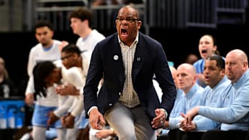 Mar 21, 2025; Milwaukee, WI, USA; North Carolina Tar Heels head coach Hubert Davis during the first half of a first round NCAA men’s tournament game against the Mississippi Rebels at Fiserv Forum. Mandatory Credit: Benny Sieu-Imagn Images