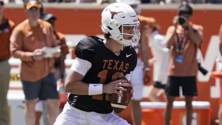 Apr 15, 2023; Austin, TX, USA; Texas Longhorns quarterback Arch Manning (16) looks to throw a pass during the second half of the Texas Spring Game at DKR- Texas Memorial Stadium.