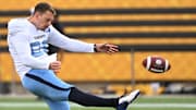 Sep 5, 2022; Hamilton, Ontario, CAN;  Toronto Argonauts punter John Haggerty (28) warms up before playing the Hamilton Tiger-Cats in the annual Labor Day Classic at Tim Hortons Field. Mandatory Credit: Dan Hamilton-Imagn Images