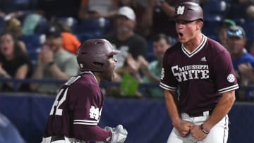 May 24 2024; Hoover, AL, USA; Mississippi State batter Dakota Jordan celebrates after driving in a pair of runs against Tennessee at the Hoover Met during the SEC Tournament.