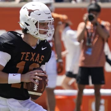 Apr 15, 2023; Austin, TX, USA; Texas Longhorns quarterback Arch Manning (16) looks to throw a pass during the second half of the Texas Spring Game at DKR- Texas Memorial Stadium.