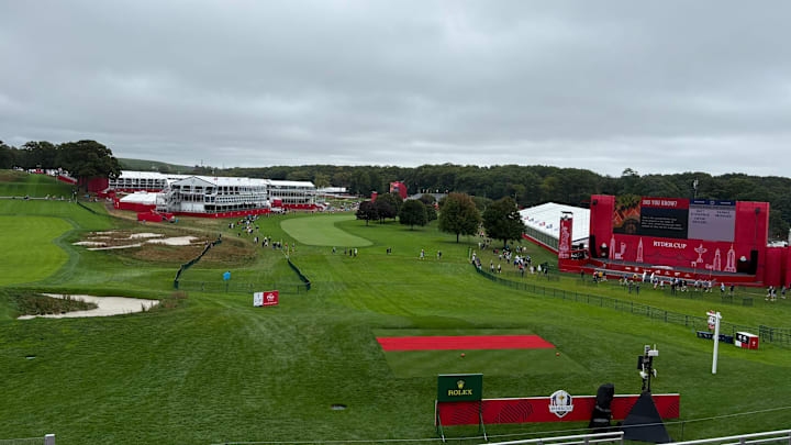 The first tee Thursday morning at Bethpage Black under skies expected to deliver intermittent rain all day. The first tee Thursday morning at Bethpage Black under skies expected to deliver intermittent rain all day.