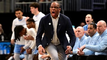Mar 21, 2025; Milwaukee, WI, USA; North Carolina Tar Heels head coach Hubert Davis during the first half of a first round NCAA men’s tournament game against the Mississippi Rebels at Fiserv Forum. Mandatory Credit: Benny Sieu-Imagn Images