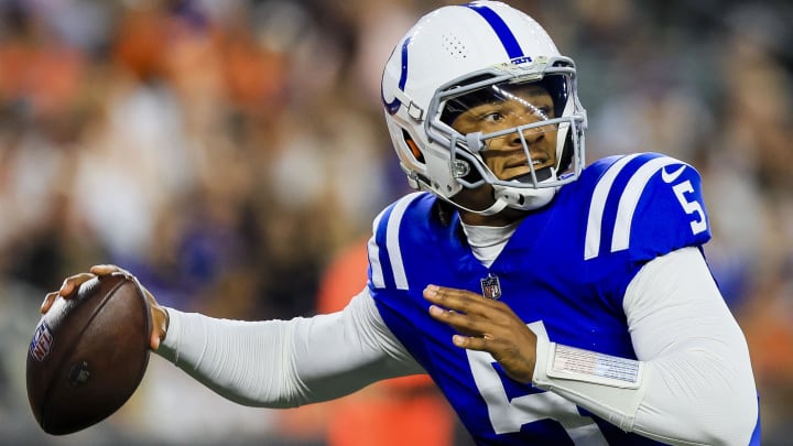 Aug 22, 2024; Cincinnati, Ohio, USA; Indianapolis Colts quarterback Anthony Richardson (5) throws a pass against the Cincinnati Bengals in the first half at Paycor Stadium. Mandatory Credit: Katie Stratman-USA TODAY Sports