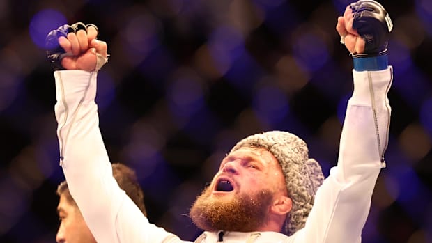 Rafael Fiziev reacts to fight against Bobby Green during UFC 265 at Toyota Center. 