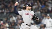 Oct 23, 2022; Bronx, New York, USA; Houston Astros starting pitcher Lance McCullers Jr. (43) pitches in the first inning against the New York Yankees during game four of the ALCS for the 2022 MLB Playoffs at Yankee Stadium. 