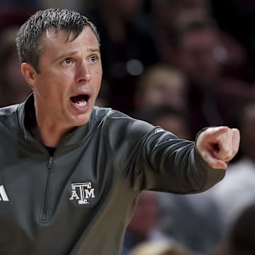 Texas A&M Aggies head coach Bucky McMillan reacts during the second half against the Texas Southern Tigers at Reed Arena.