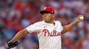Sep 27, 2025; Philadelphia, Pennsylvania, USA; Philadelphia Phillies pitcher Ranger Suarez (55) throws a pitch against the Minnesota Twins during the first inning at Citizens Bank Park.