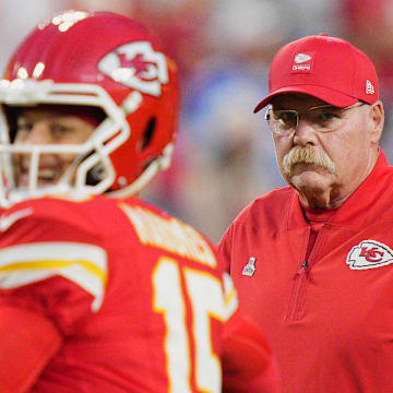 Oct 12, 2025; Kansas City, Missouri, USA; Kansas City Chiefs head coach Andy Reid before the game against the Detroit Lions at GEHA Field at Arrowhead Stadium. Mandatory Credit: Jay Biggerstaff-Imagn Images