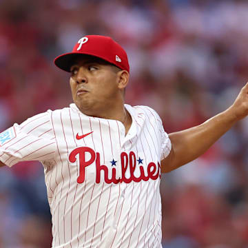 Sep 27, 2025; Philadelphia, Pennsylvania, USA; Philadelphia Phillies pitcher Ranger Suarez (55) throws a pitch against the Minnesota Twins during the first inning at Citizens Bank Park.