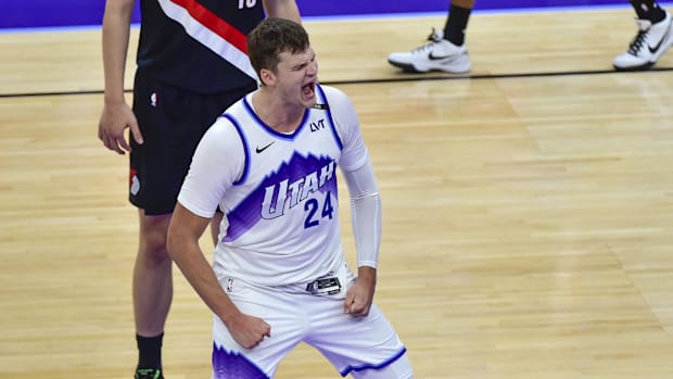 Oct 16, 2025; Salt Lake City, Utah, USA; Utah Jazz center Walker Kessler (24) celebrates after his slam dunk during the secon