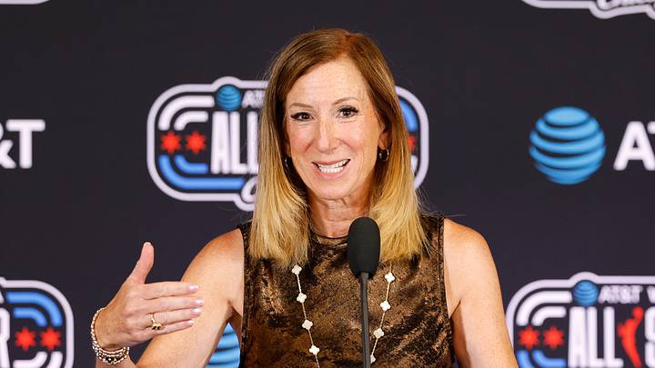 Jul 25, 2026; Chicago, Illinois, USA; WNBA Commissioner Cathy Engelbert speaks with media before the 2026 WNBA All Star Game at United Center. Mandatory Credit: Kamil Krzaczynski-Imagn Images