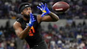Delaware running back Marcus Yarns (RB31) during the 2025 NFL Combine at Lucas Oil Stadium.