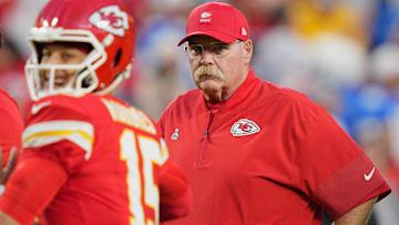 Oct 12, 2025; Kansas City, Missouri, USA; Kansas City Chiefs head coach Andy Reid before the game against the Detroit Lions at GEHA Field at Arrowhead Stadium. Mandatory Credit: Jay Biggerstaff-Imagn Images