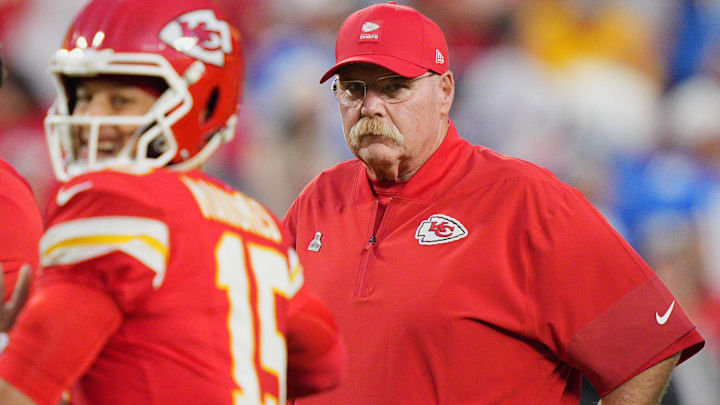 Oct 12, 2025; Kansas City, Missouri, USA; Kansas City Chiefs head coach Andy Reid before the game against the Detroit Lions at GEHA Field at Arrowhead Stadium. Mandatory Credit: Jay Biggerstaff-Imagn Images
