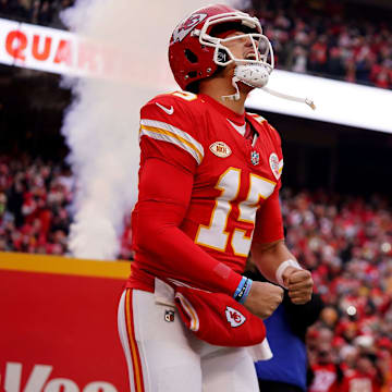 Kansas City Chiefs quarterback Patrick Mahomes (15) in introduced prior a Week 17 NFL football game between the Cincinnati Bengals and the Kansas City Chiefs, Sunday, Dec. 31, 2023, at GEHA Field at Arrowhead Stadium in Kansas City, Mo.