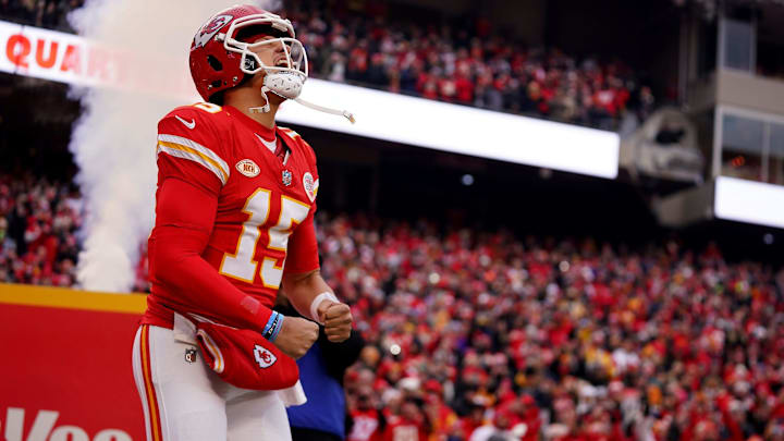 Kansas City Chiefs quarterback Patrick Mahomes (15) in introduced prior a Week 17 NFL football game between the Cincinnati Bengals and the Kansas City Chiefs, Sunday, Dec. 31, 2023, at GEHA Field at Arrowhead Stadium in Kansas City, Mo.