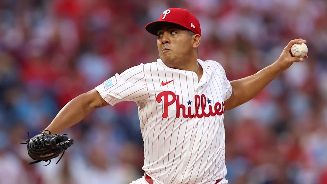 Sep 27, 2025; Philadelphia, Pennsylvania, USA; Philadelphia Phillies pitcher Ranger Suarez (55) throws a pitch against the Minnesota Twins during the first inning at Citizens Bank Park. Mandatory Credit: Bill Streicher-Imagn Images