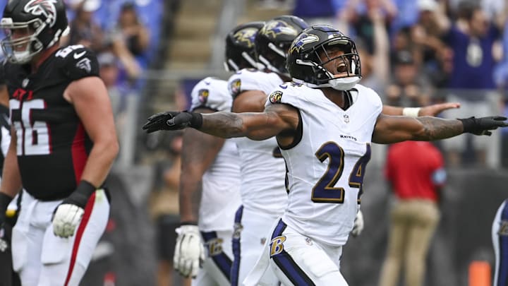 Aug 17, 2024; Baltimore, Maryland, USA; Baltimore Ravens cornerback Damarion Williams (24) reacts after stoping Atlanta Falcons on fourth down during the second half at M&T Bank Stadium. Mandatory Credit: Tommy Gilligan-Imagn Images