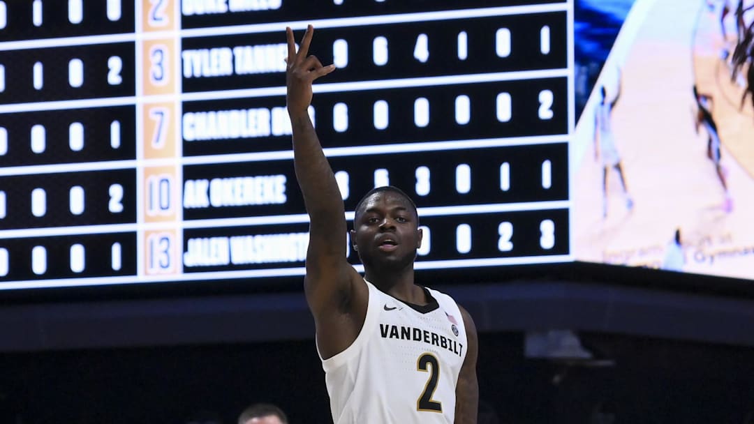 Feb 25, 2026; Nashville, Tennessee, USA;  Vanderbilt Commodores guard Duke Miles (2) reacts after a made three-point basket against the Georgia Bulldogs during the second half at Memorial Gymnasium. Mandatory Credit: Steve Roberts-Imagn Images