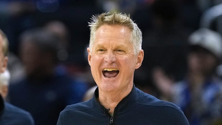 Dec 25, 2025; San Francisco, California, USA; Golden State Warriors head coach Steve Kerr reacts during the fourth quarter against the Dallas Mavericks at Chase Center. Mandatory Credit: Darren Yamashita-Imagn Images