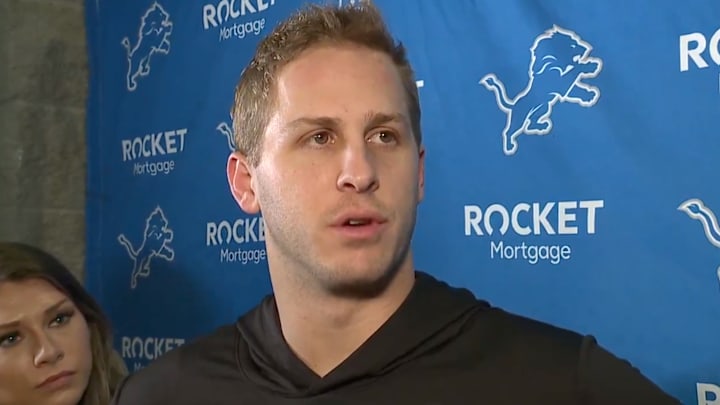 Jared Goff speaks to reporters on Dec. 18, 2024.