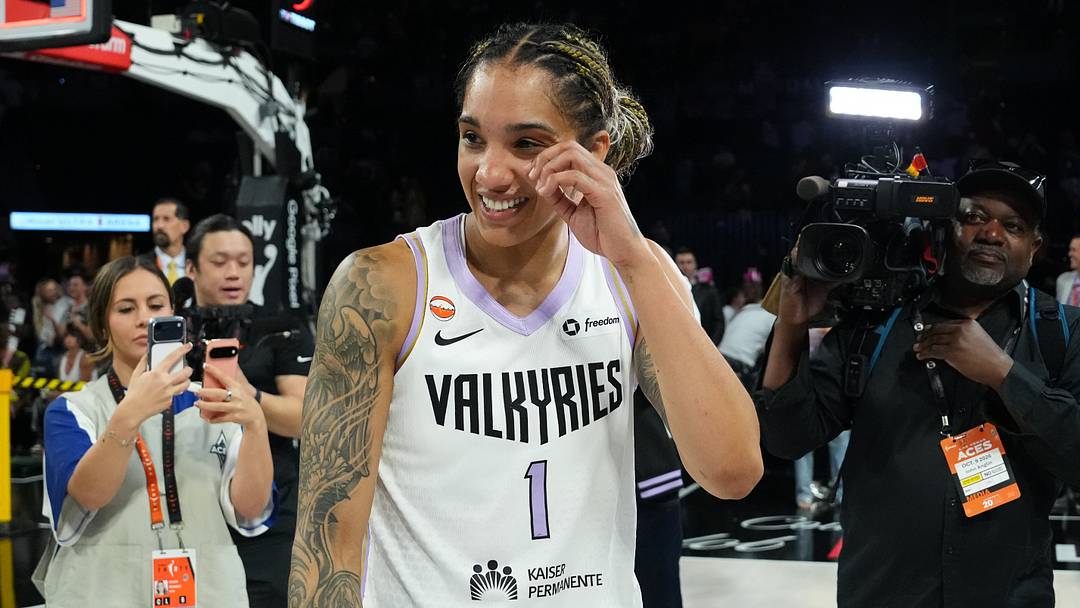 Oct 9, 2026; Las Vegas, Nevada, USA;  Golden State Valkyries forward Gabby Williams (1) reacts after defeating the Golden State Valkyries during game three of the second round for the 2026 WNBA Playoffs at Michelob Ultra Arena.  Mandatory Credit: Candice Ward-Imagn Images