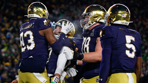 Notre Dame celebrates a touchdown against Indiana in the College Football Playof
