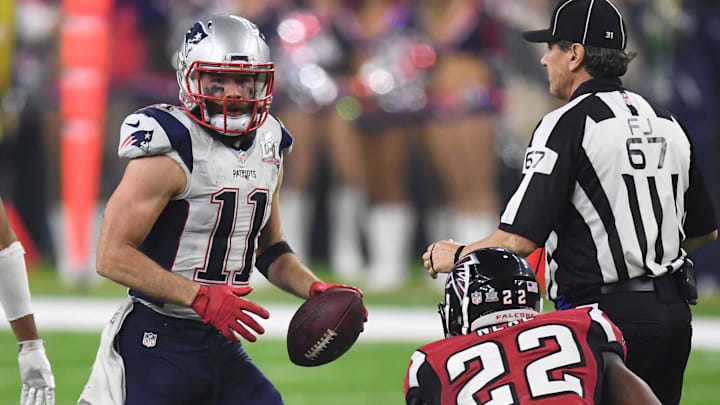 Feb 5, 2017; Houston, TX, USA; New England Patriots wide receiver Julian Edelman (11) makes a catch ahead of Atlanta Falcons strong safety Keanu Neal (22) during the fourth quarter during Super Bowl LI at NRG Stadium. Mandatory Credit: Bob Donnan-Imagn Images Feb 5, 2017; Houston, TX, USA; New England Patriots wide receiver Julian Edelman (11) makes a catch ahead of Atlanta Falcons strong safety Keanu Neal (22) during the fourth quarter during Super Bowl LI at NRG Stadium. Mandatory Credit: Bob Donnan-Imagn Images