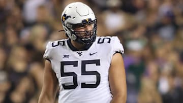 Sep 30, 2023; Fort Worth, Texas, USA; West Virginia Mountaineers offensive lineman Tomas Rimac (55) on the line of scrimmage in the second quarter against the TCU Horned Frogs at Amon G. Carter Stadium. Mandatory Credit: Tim Heitman-Imagn Images