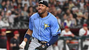 Tampa Bay's Chandler Simpson (14) celebrates after scoring in the ninth inning against the Arizona Diamondbacks.