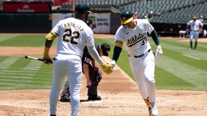 Jun 22, 2024; Oakland, California, USA; Oakland Athletics center fielder JJ Bleday (33) gets a congratulatory handshake from teammate Miguel Andujar (22) after hitting a solo home run against the Minnesota Twins during the first inning at Oakland-Alameda County Coliseum. Mandatory Credit: D. Ross Cameron-USA TODAY Sports
