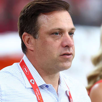 Aug 9, 2025; Glendale, Arizona, USA; Kansas City Chiefs general manager Brett Veach against the Arizona Cardinals during a preseason NFL game at State Farm Stadium. Mandatory Credit: Mark J. Rebilas-Imagn Images