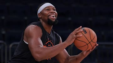 Oct 13, 2025; New York, New York, USA; New York Knicks forward Guerschon Yabusele (28) warms up before the game against the Washington Wizards at Madison Square Garden. Mandatory Credit: Vincent Carchietta-Imagn Images
