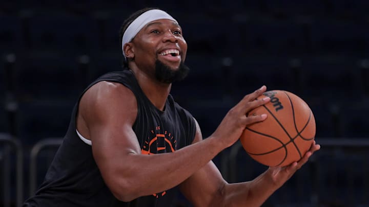 Oct 13, 2025; New York, New York, USA; New York Knicks forward Guerschon Yabusele (28) warms up before the game against the Washington Wizards at Madison Square Garden. Mandatory Credit: Vincent Carchietta-Imagn Images