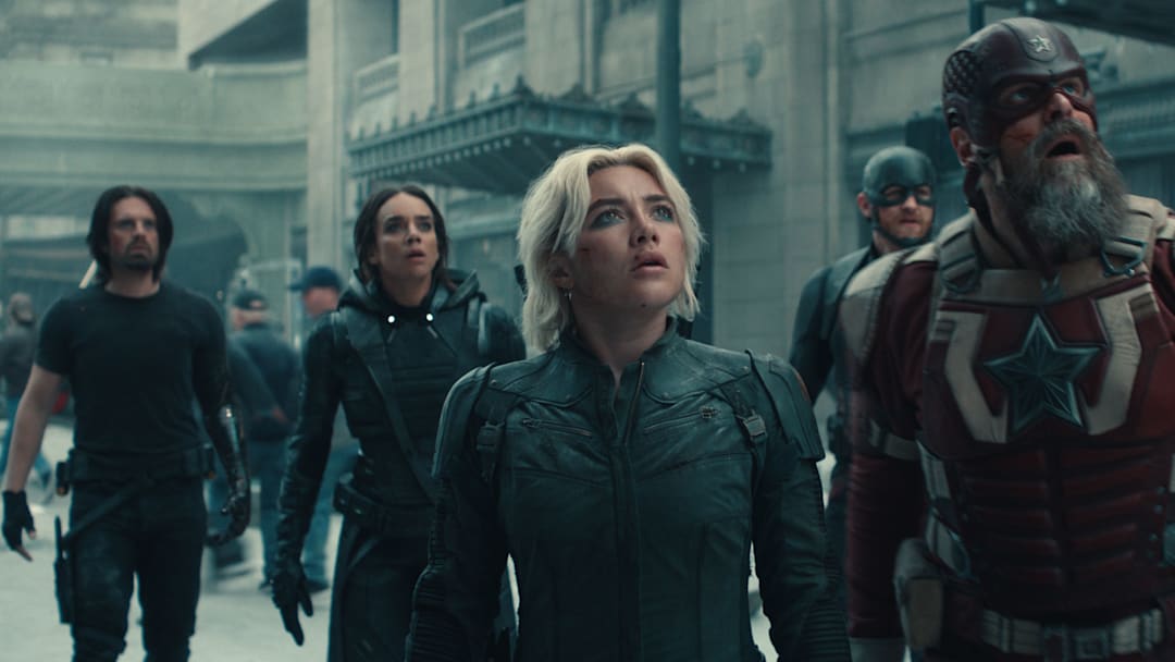 (L-R) Bucky Barnes (Sebastian Stan), Ghost (Hannah John-Kamen), Yelena Belova (Florence Pugh), John Walker (Wyatt Russell), and Red Guardian/Alexei Shostakov (David Harbour) in Marvel Studios' THUNDERBOLTS*. Photo courtesy of Marvel Studios. © 2024 MARVEL.