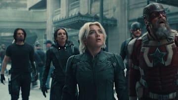 (L-R) Bucky Barnes (Sebastian Stan), Ghost (Hannah John-Kamen), Yelena Belova (Florence Pugh), John Walker (Wyatt Russell), and Red Guardian/Alexei Shostakov (David Harbour) in Marvel Studios' THUNDERBOLTS*. Photo courtesy of Marvel Studios. © 2024 MARVEL.