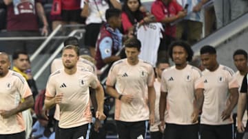 Jul 30, 2025; St. Louis, Missouri, USA; Members of Aston Villa take the pitch for warm ups prior to their match against St. Louis City at Energizer Park. Mandatory Credit: Joe Puetz-Imagn Images