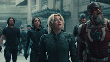 (L-R) Bucky Barnes (Sebastian Stan), Ghost (Hannah John-Kamen), Yelena Belova (Florence Pugh), John Walker (Wyatt Russell), and Red Guardian/Alexei Shostakov (David Harbour) in Marvel Studios' THUNDERBOLTS*. Photo courtesy of Marvel Studios. © 2024 MARVEL.