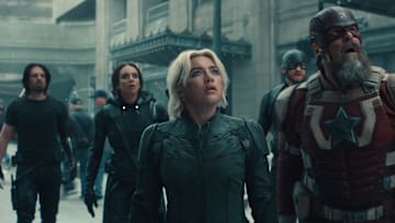 (L-R) Bucky Barnes (Sebastian Stan), Ghost (Hannah John-Kamen), Yelena Belova (Florence Pugh), John Walker (Wyatt Russell), and Red Guardian/Alexei Shostakov (David Harbour) in Marvel Studios' THUNDERBOLTS*. Photo courtesy of Marvel Studios. © 2024 MARVEL.
