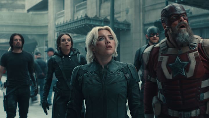 (L-R) Bucky Barnes (Sebastian Stan), Ghost (Hannah John-Kamen), Yelena Belova (Florence Pugh), John Walker (Wyatt Russell), and Red Guardian/Alexei Shostakov (David Harbour) in Marvel Studios' THUNDERBOLTS*. Photo courtesy of Marvel Studios. © 2024 MARVEL.