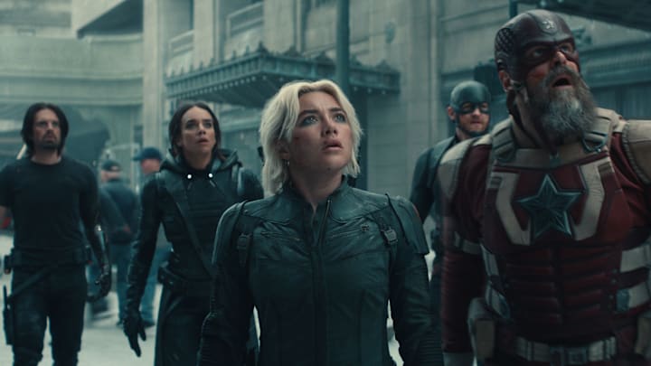 (L-R) Bucky Barnes (Sebastian Stan), Ghost (Hannah John-Kamen), Yelena Belova (Florence Pugh), John Walker (Wyatt Russell), and Red Guardian/Alexei Shostakov (David Harbour) in Marvel Studios' THUNDERBOLTS*. Photo courtesy of Marvel Studios. © 2024 MARVEL.