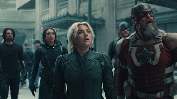 (L-R) Bucky Barnes (Sebastian Stan), Ghost (Hannah John-Kamen), Yelena Belova (Florence Pugh), John Walker (Wyatt Russell), and Red Guardian/Alexei Shostakov (David Harbour) in Marvel Studios' THUNDERBOLTS*. Photo courtesy of Marvel Studios. © 2024 MARVEL.