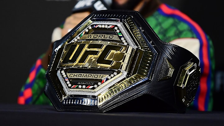 View of the UFC championship belt. 