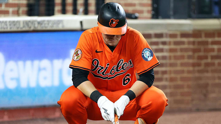 Sep 20, 2025; Baltimore, Maryland, USA; Baltimore Orioles first baseman Ryan Mountcastle (6) looks on during the ninth inning against the New York Yankees at Oriole Park at Camden Yards. Mandatory Credit: Daniel Kucin Jr.-Imagn Images